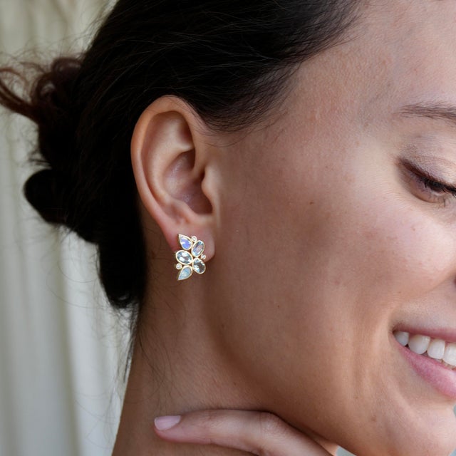 Nina Zhou Jewelry Nina Zhou Aquamarine Moonstone Diamond Cluster Earrings in 14k Yellow Gold - a Pair For Sale - Image 4 of 11