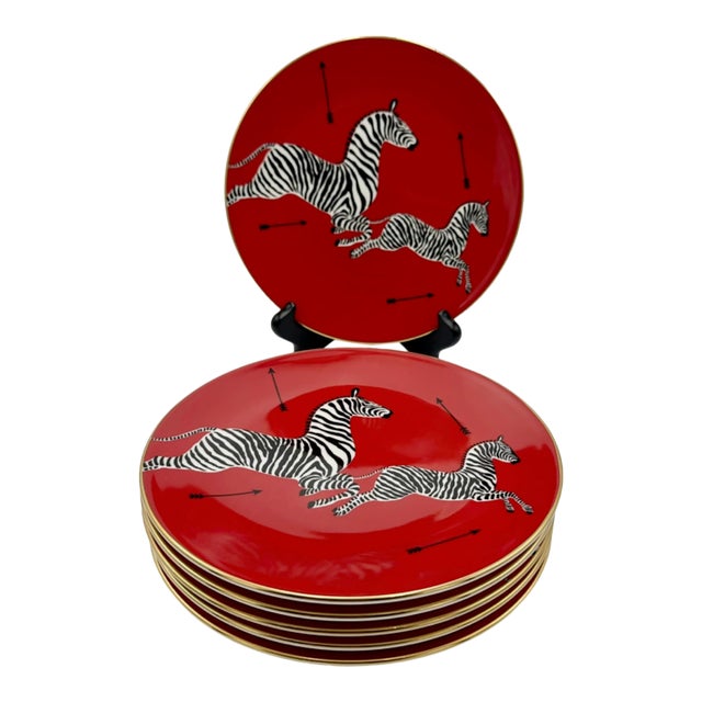 Late 20th Century Lenox Scalamandre Red Zebras Salad Plates - Set of Six For Sale