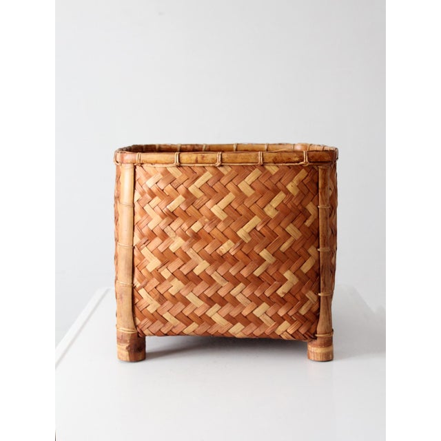 Mid-Century Modern Vintage Woven Bamboo Storage Basket With Geometric Herringbone Pattern For Sale - Image 3 of 12