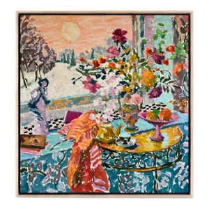 The Window in Winter by Hugo Grenville in Maple Frame, Art Print on Canvas