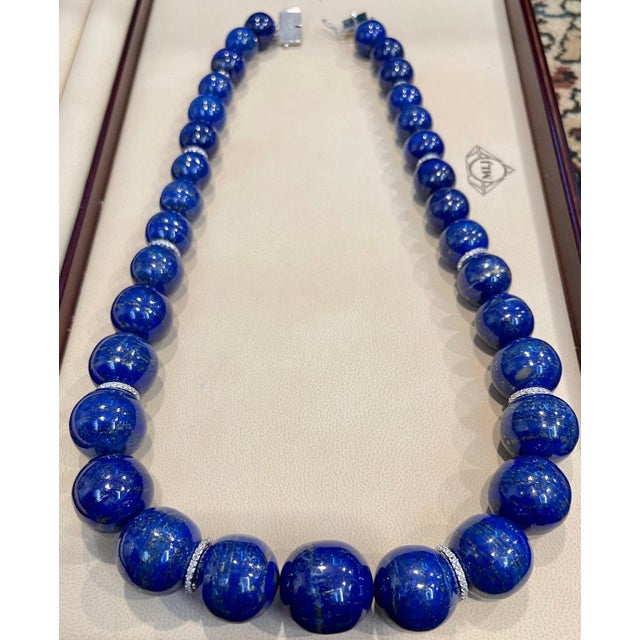 Certified Vintage Lapis Lazuli Single Strand Diamond Necklace 14 Kt White Gold For Sale - Image 10 of 18