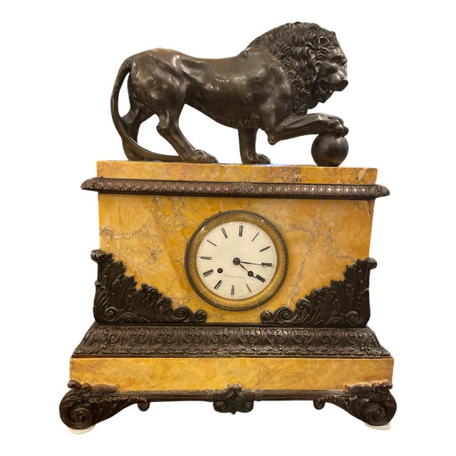French Bronze Lion and Sienna Marble Clock with Silk Suspension, 1820s For Sale