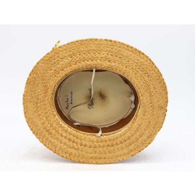 1930s Vintage Natural Straw Navy Blue Ribbon Bow Boater Hat, the Ridgemont Make, 1950s For Sale - Image 5 of 5