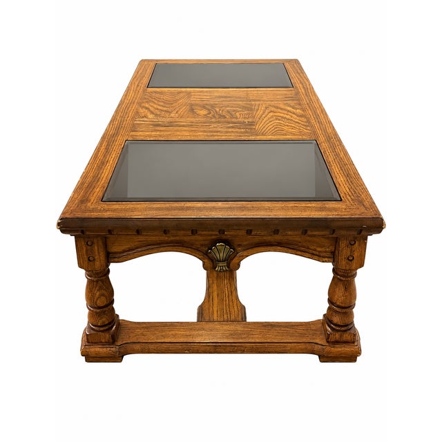 Vintage Mediterranean Revival Parquet-Pattern Wood and Smoked Glass Coffee Table For Sale - Image 17 of 18