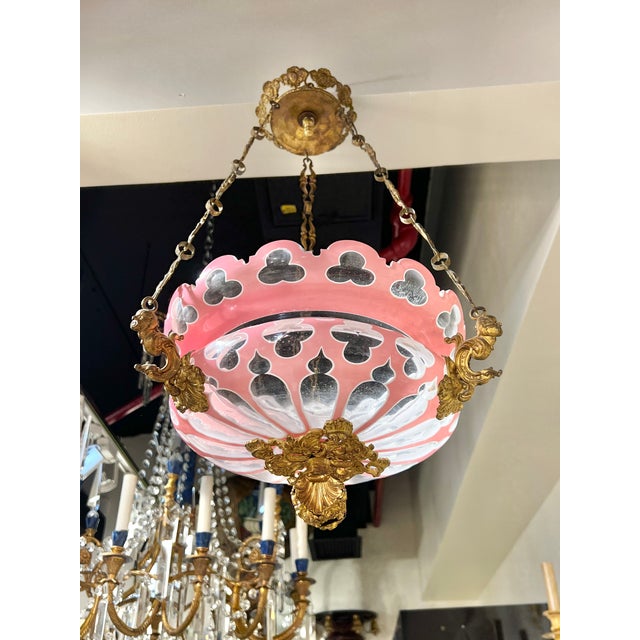 Arts & Crafts Antique Cased Pink Cut to White and Clear Glass and Bronze Chandelier For Sale - Image 3 of 12