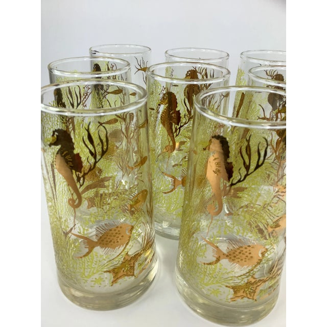 Set of 8 Vintage Sea Life Tumblers with raised green design and Gilt Seahorses and Fish in an Underwater Ocean Scene....