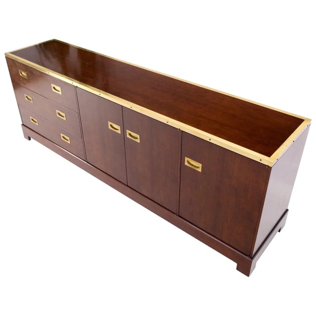 Campaign Style Brass Walnut Mid Century Drawers Doors Compartment Long Credenza For Sale - Image 13 of 13