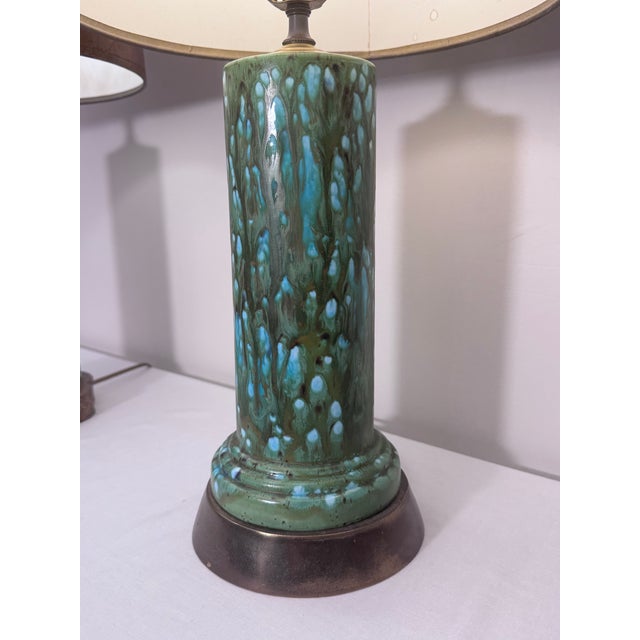 Vintage Mid Century Hollywood Regency Drip Glaze Ceramic Aqua, Brass & Gold Leaf Shaded Table Lamps, a Pair For Sale - Image 11 of 18