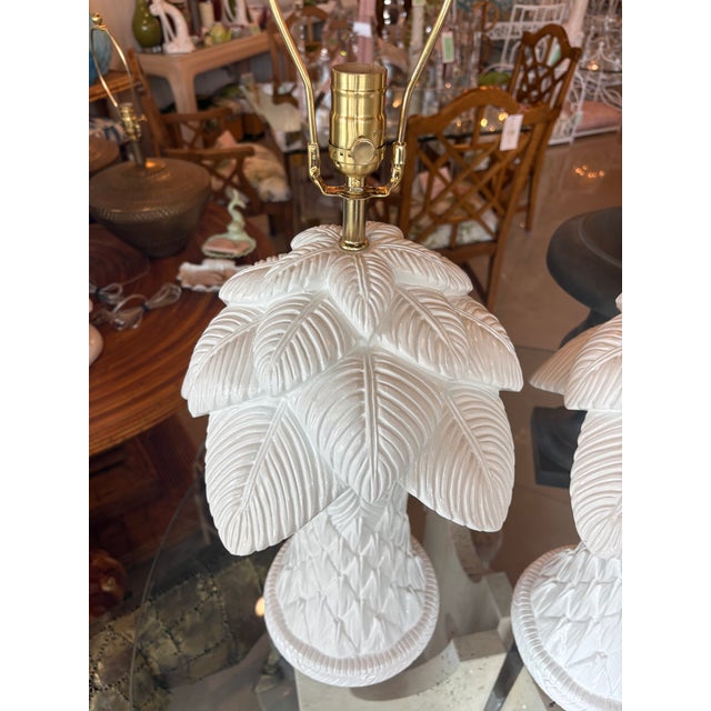 Serge Roche Vtg. Pair Plaster White Lacquered Palm Beach Tree Table Lamps Newly Wired Brass For Sale - Image 4 of 12