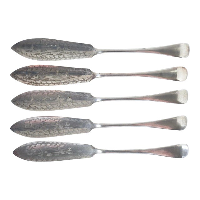 Antique Engraved Silverplate Fish Knives - Set of 5 For Sale