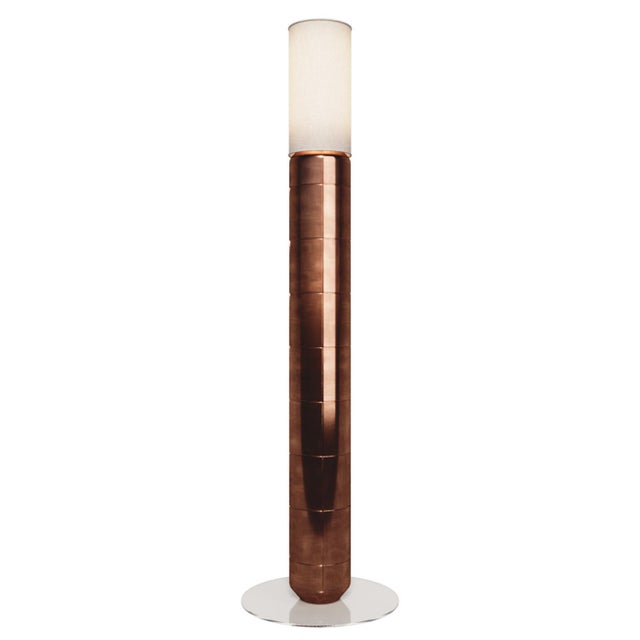 Glass Handcrafted Ceramic Floor Lamp in with Linen Cylinder Lampshade in Polished Amber Glaze by Svitanok For Sale - Image 7 of 7