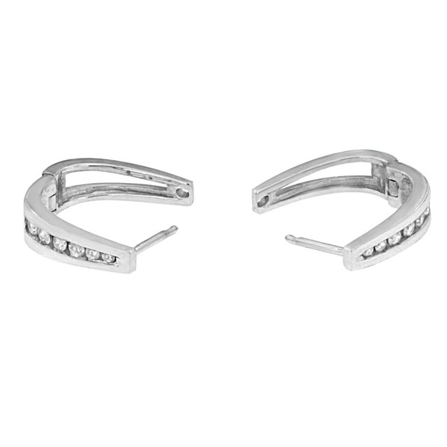 Early 21st Century 14k White Gold 1.0 Cttw Channel-Set Brilliant Round-Cut Diamond Hoop Earrings, A Pair For Sale - Image 5 of 6