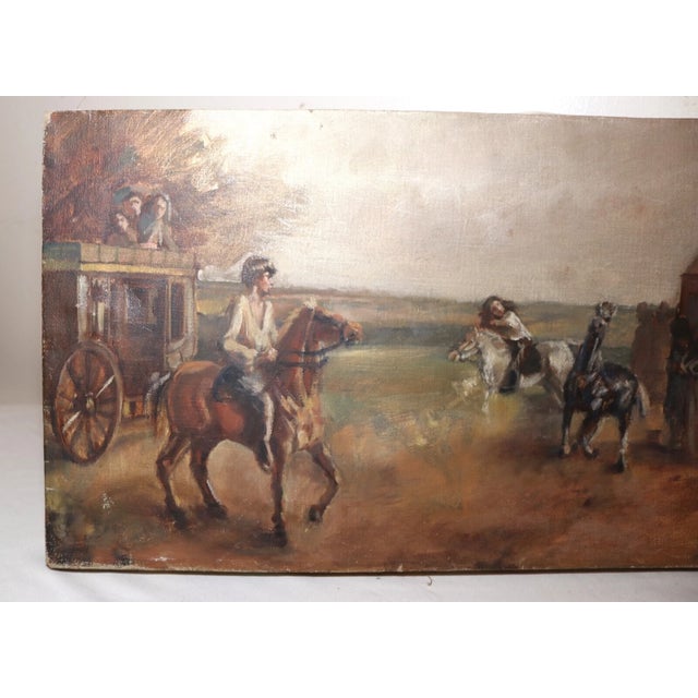 Textile Antique Original Traveling Horse Back Carriage Stylized Oil Painting on Canvas For Sale - Image 7 of 10