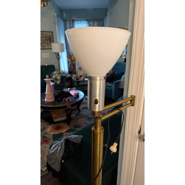 1930s Walter Von Nessen Swing Arm Floor Lamp | Machine Age Brass Torchiere, Brooklyn For Sale - Image 12 of 12