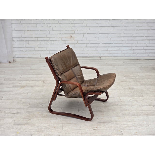 1970s, Norwegian lounge chair. Brown furniture leather, bent wood, canvas. Original good condition: no smells, no stains...