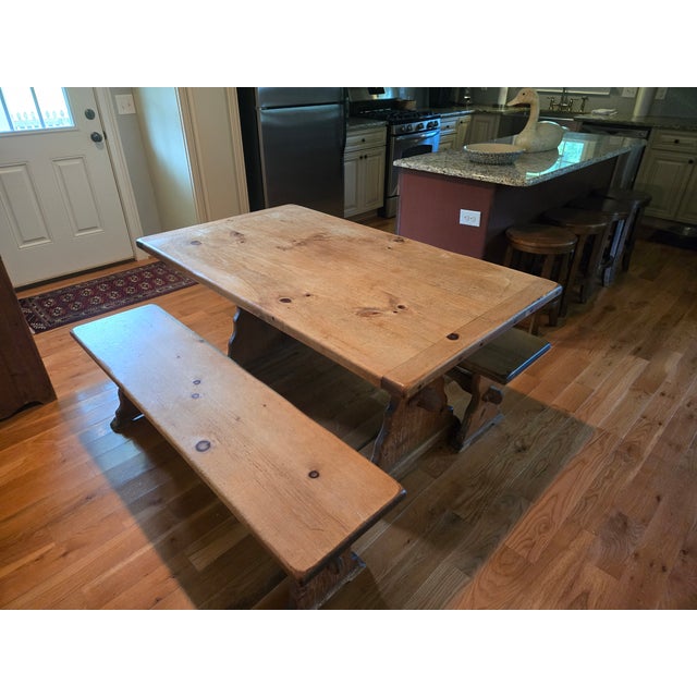 Early Habersham. Plantation trestle table and 2 benches. Dining set used in the kitchen for growing family. Multi use...