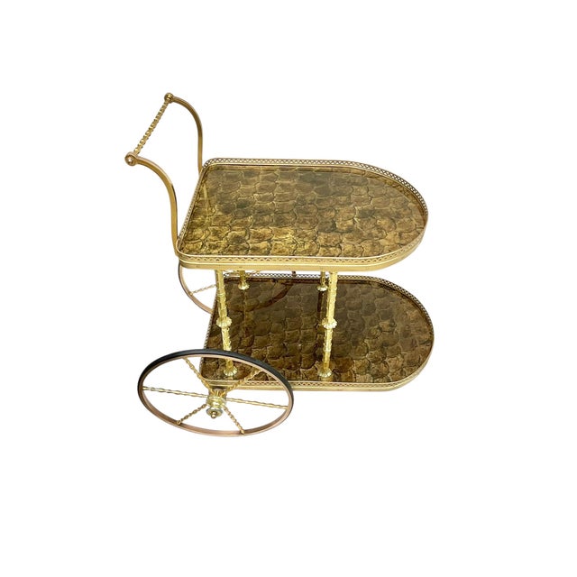 Art Deco Mid-Century Brass & Tortoise Bar Cart in the Style of Maison Jansen For Sale - Image 3 of 18