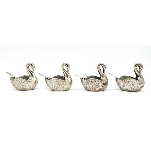 English Set of Four Silver -Plated Swan Salt Cellars With Glass Inserts and Spoons — Vintage Tableware, Hollywood Regency Style For Sale - Image 3 of 13