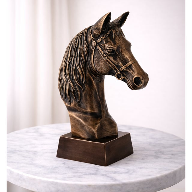 Antique Brass Finish Metal Horse Bust Sculpture For Sale - Image 4 of 9