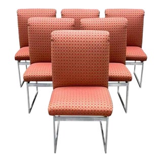 Modern Set 6 Chrome & Upholstered Baughman Style Dining Chairs For Sale