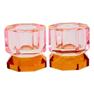 Danish Pink & Orange Faceted Crystal Candle Holder Pair For Sale