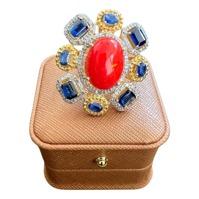 Bochic "Orient" Vintage Diamond, Blue Sapphire & Opal Ring Set 18K Gold & Silver For Sale