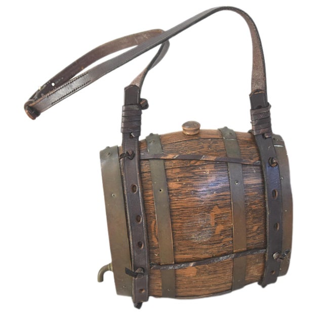 French Country Miniature Oak & Leather Casket Keg For Sale - Image 3 of 6