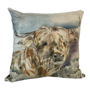 16" Square Toss Pillow Decorated With the Portrait of a Majestic Highland Cow - Made in the U K