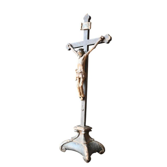 Antique Polychrome Wooden Crucifix Statue For Sale - Image 4 of 10