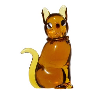 Murano Archimede Seguso Vintage Golden Amber Gold Flecks Bow Italian Art Glass Kitty Cat Figurine For Sale