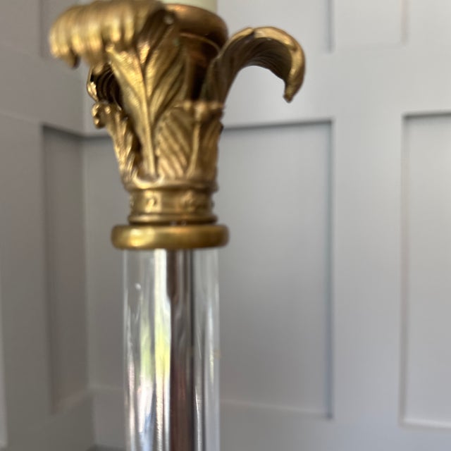 1980s John Richard Pillar Lamps Features Detailed Brass Palm Frond Accents and a Leaded Crystal Column - a Pair For Sale - Image 9 of 12