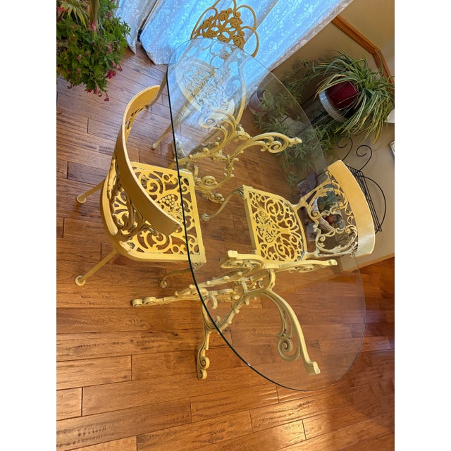 1970s 1970s Oval Glass Table With Solid Metal Scroll Base and 3 Metal Scroll Chairs For Sale - Image 5 of 12