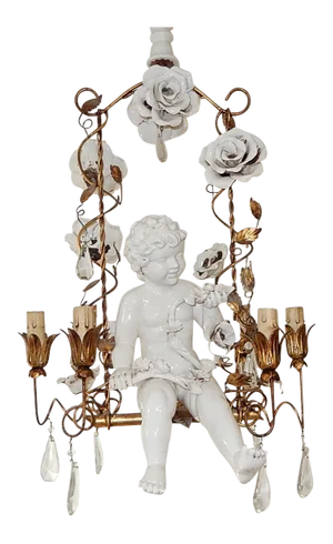 French Large Porcelain Cherub Swinging Roses Chandelier, Circa 1940