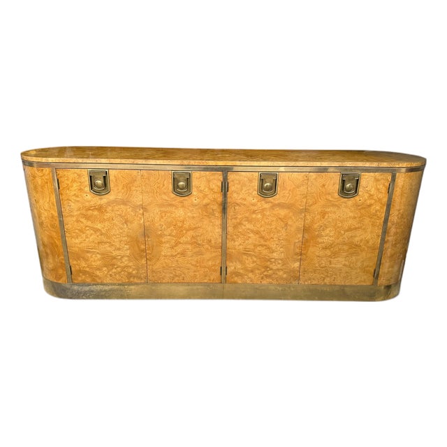 1970s Hollywood Regency Burlwood Racetrack Credenza With Brass Trim, Attributed to Mastercraft For Sale