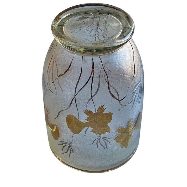 Monumental Etched Glass Vase With Gold Fish Overlay For Sale - Image 4 of 5