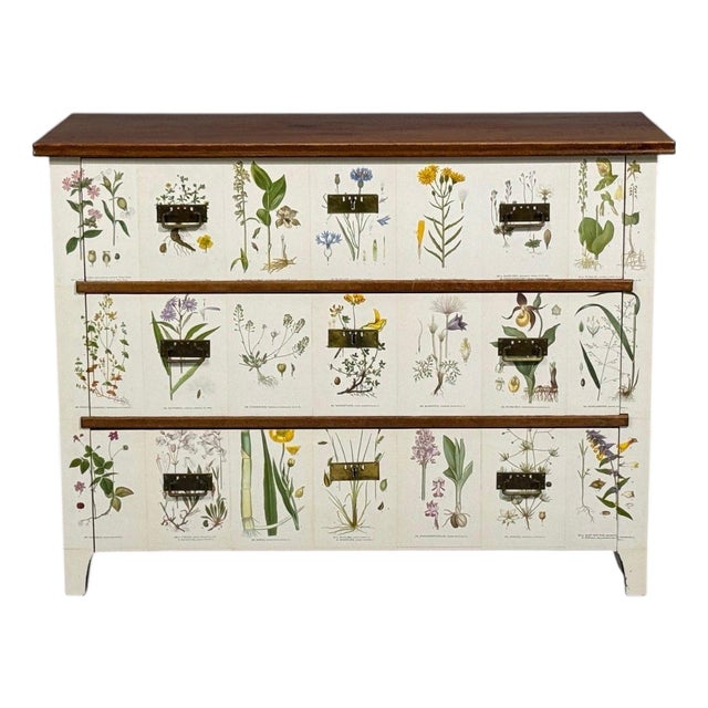 Swedish Modern, Nordens Flora Dresser, Brass, Floral Lithographs, Sweden, 1930s For Sale