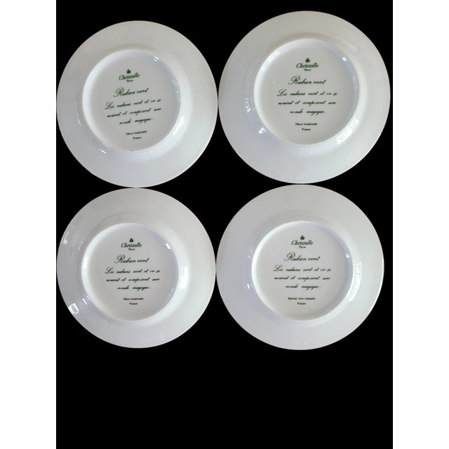 Set of 4 Christofle Ruban Vert porcelain 6.25" bread plates featuring green bands and gold rings and knots. This pattern,...
