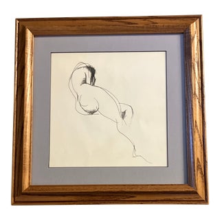 1970’s Original Vintage Abstract Expressionist Female Nude Pencil Drawing Vintage Wood Frame For Sale