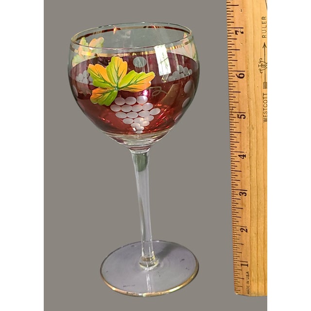 Glass Vintage Pair of Wine Glasses Hand Painted Leaf & Grape Bohemian Etched For Sale - Image 7 of 8