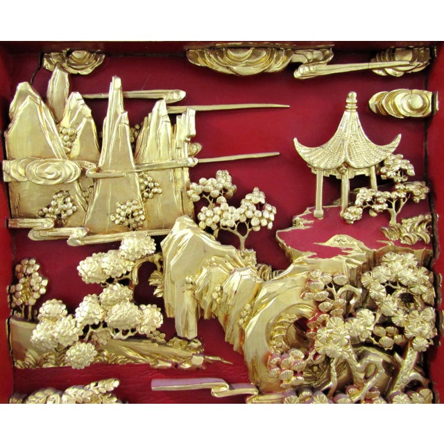 Early 20th Century Chinese Black Lacquer Painted and Carved Gold Giltwood Wall Hanging Panels - a Pair For Sale - Image 4 of 12