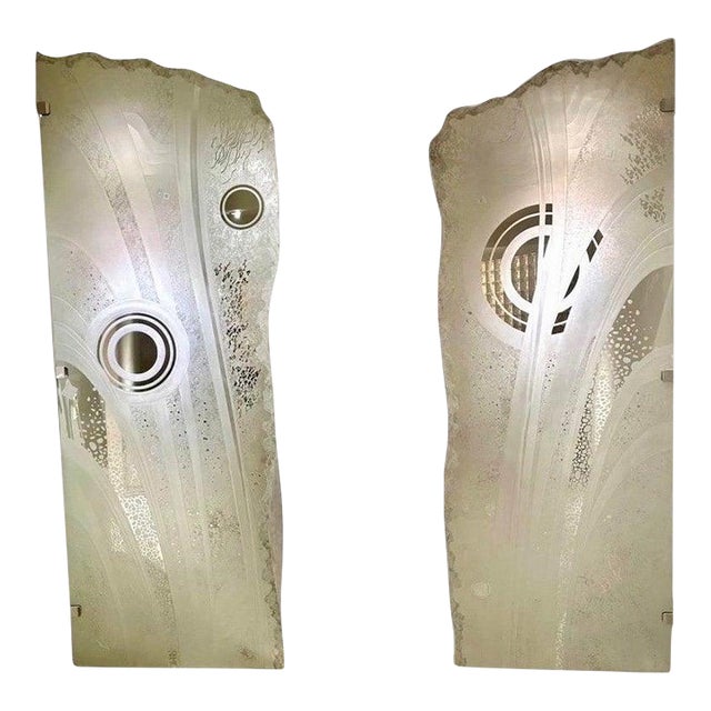1990s Artist Deigned Custom Etched Glass Panels in Post Modern Art Style - a Pair For Sale