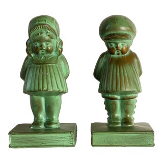 1920s Boy and Girl Green Copper Bookends – a Pair For Sale