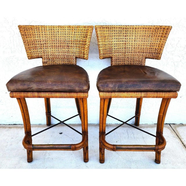 Kreiss Bamboo Barstools Leather Pair For Sale - Image 13 of 13