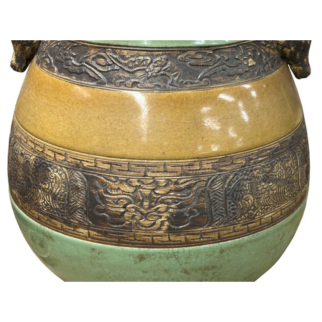 Orient Crackle Green Dragon Motif Ram Heads Artistic Pottery Ceramic Vase For Sale - Image 11 of 15