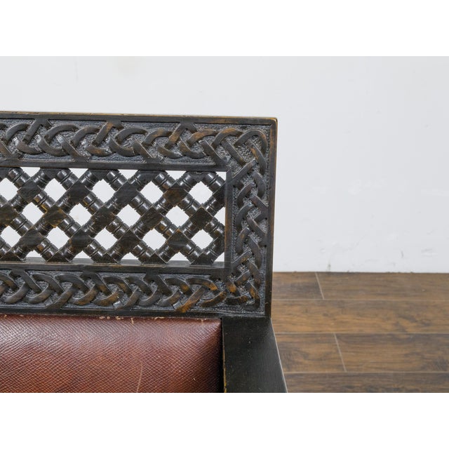 Set of 12 Moroccan Ebonized Carved Wood Armchairs with Leather Seats, circa 1900 For Sale - Image 4 of 12