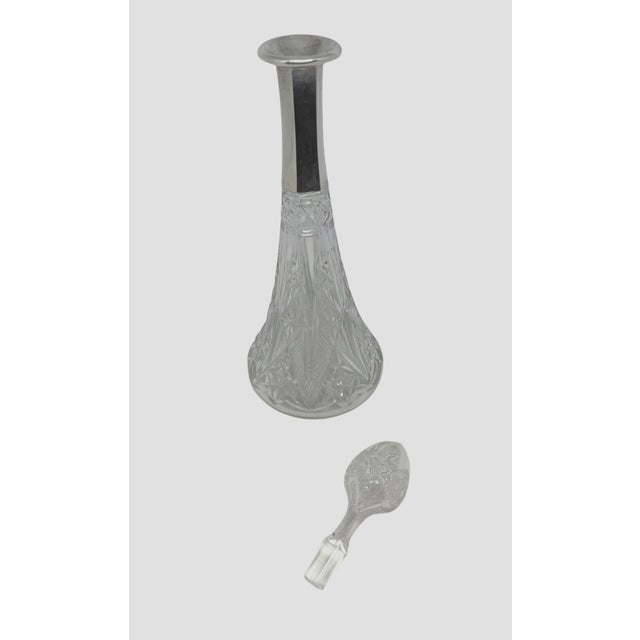 Metal Mid 20th Century Cut Crystal Wine or Liquor 11 1/2 Decanter With Silver Metal Collar Diamond and Fan Cut Pattern For Sale - Image 7 of 12