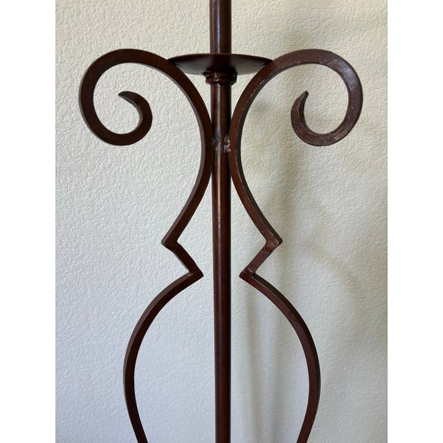 Mid 20th Century Vintage Spanish Revival Scrolled Wrought Iron Floor Lamps With Antiqued Shades – Pair For Sale - Image 5 of 15