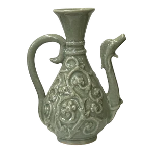 Vintage Chinese Celadon Green Ceramic Flask Shape Motif Vase Jar Display
