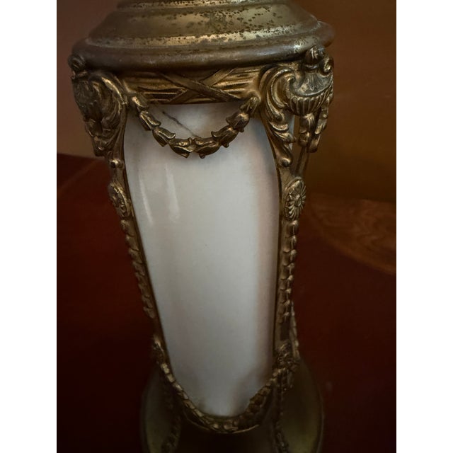 Glass Pair of Vintage French Empire Brass & Milk Glass Table Lamps 12" X 4.5" Ca. 1950 For Sale - Image 7 of 18