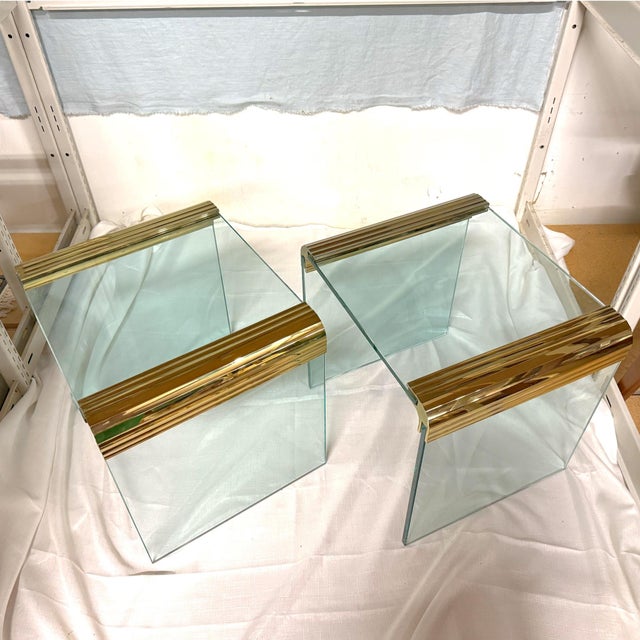 Pair of Leon Rosen for Pace Brass Mounted Cube Side/Drinks Tables USA, circa 1970s A rare find is a pair of Leon Rosen...